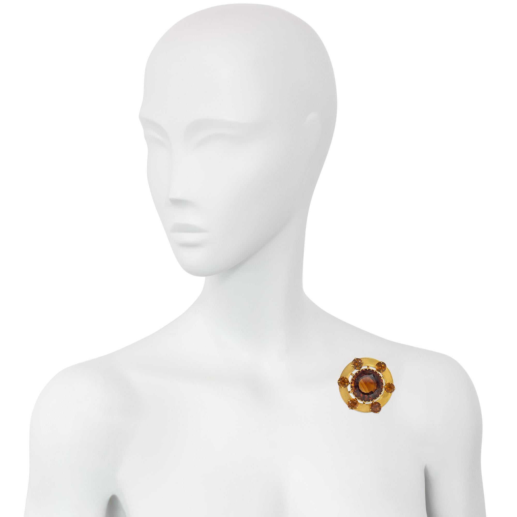 Victorian Gold and Oversized Madeira Citrine Target Brooch  In Good Condition For Sale In New York, NY