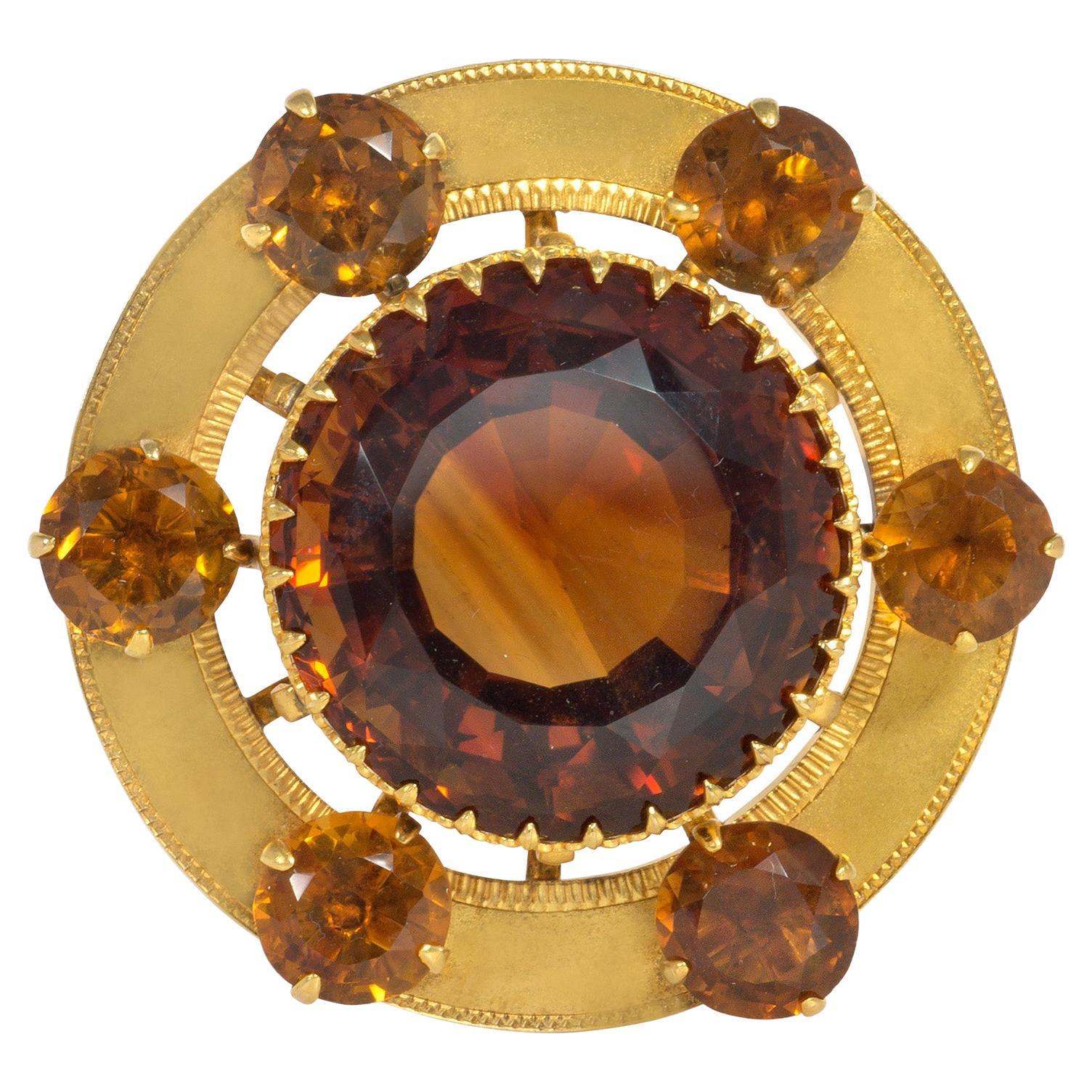 Victorian Gold and Oversized Madeira Citrine Target Brooch  For Sale