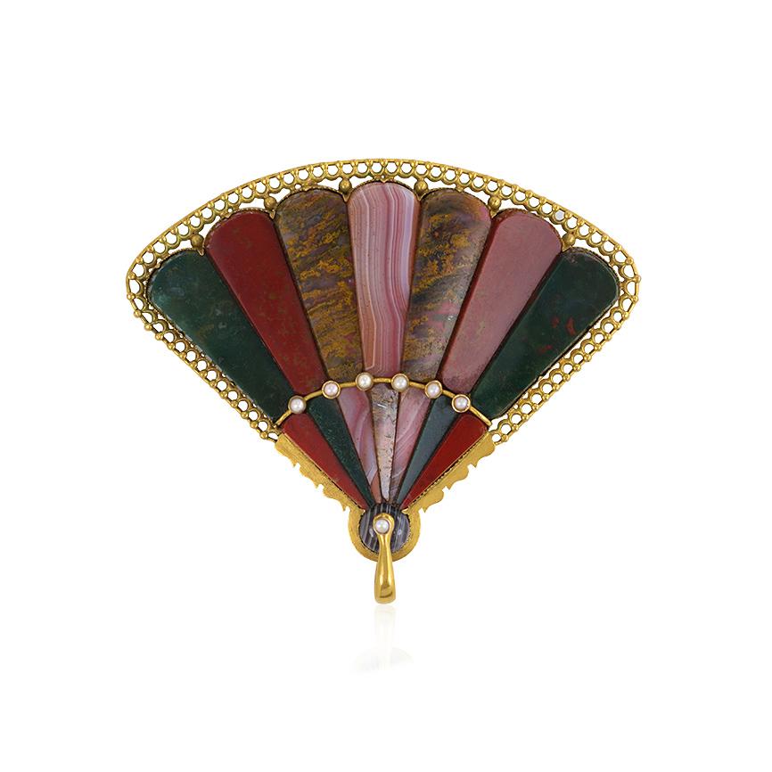Victorian Gold and Scottish Agate Fan Brooch/Pendant