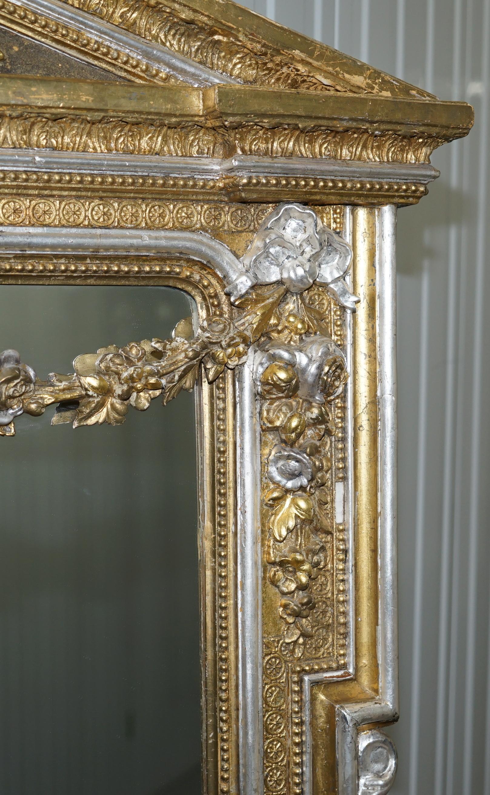 Wood Victorian Gold and Silver Leaf Painted Carved Antique Full Length Mirror