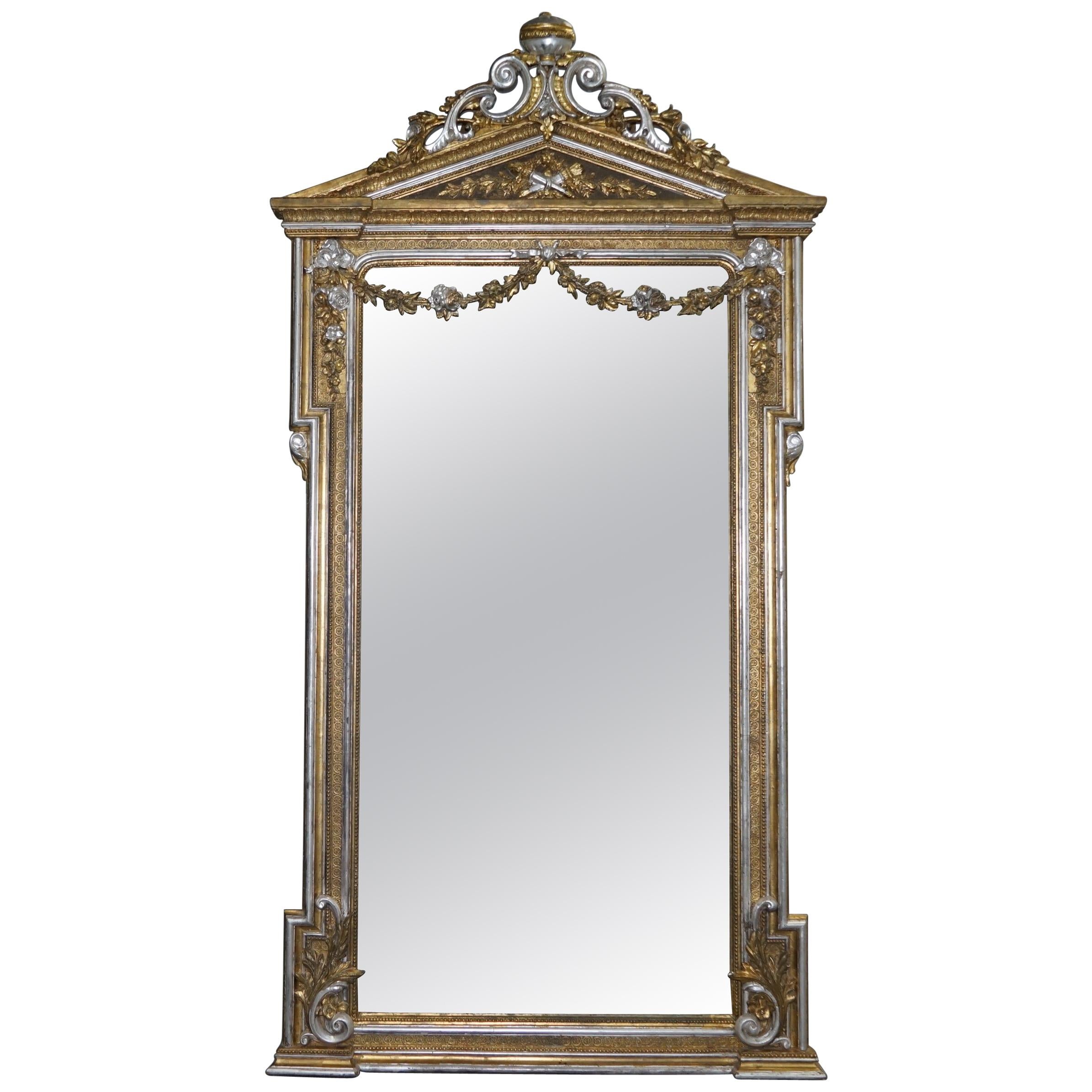 Victorian Gold and Silver Leaf Painted Carved Antique Full Length Mirror