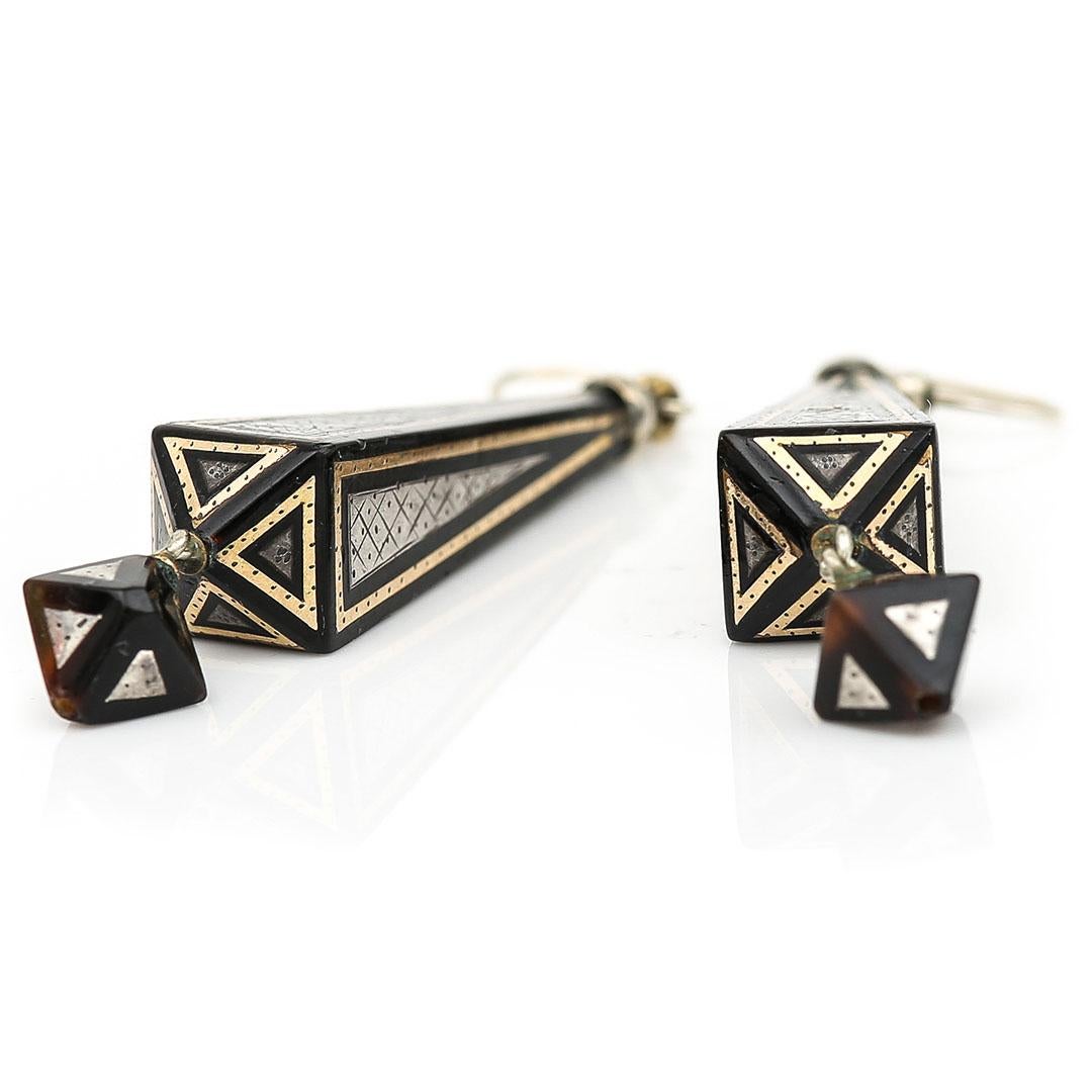 Women's Victorian Gold and Silver Obelisk Pique Drop Earrings, Circa 1880