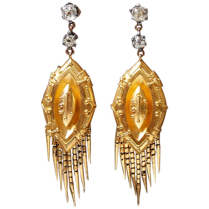Victorian Gold and Silver Old Cut Mine Diamond Drop Earrings For Sale