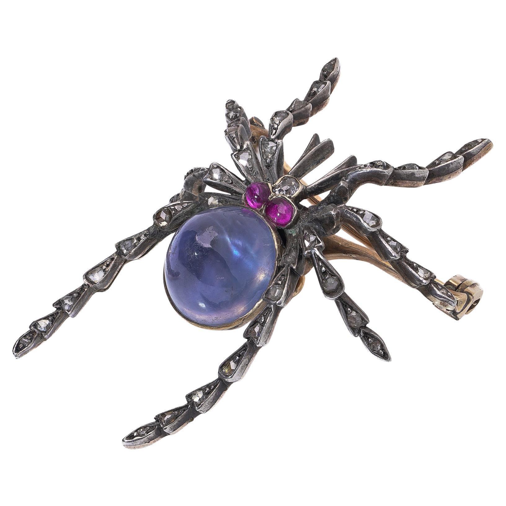 Spilla ragno vittoriana in oro e argento con zaffiro, rubini e diamanti, 1880 in vendita