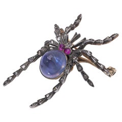 Victorian Gold and Silver Spider Brooch with Sapphire, Rubies and Diamonds, 1880