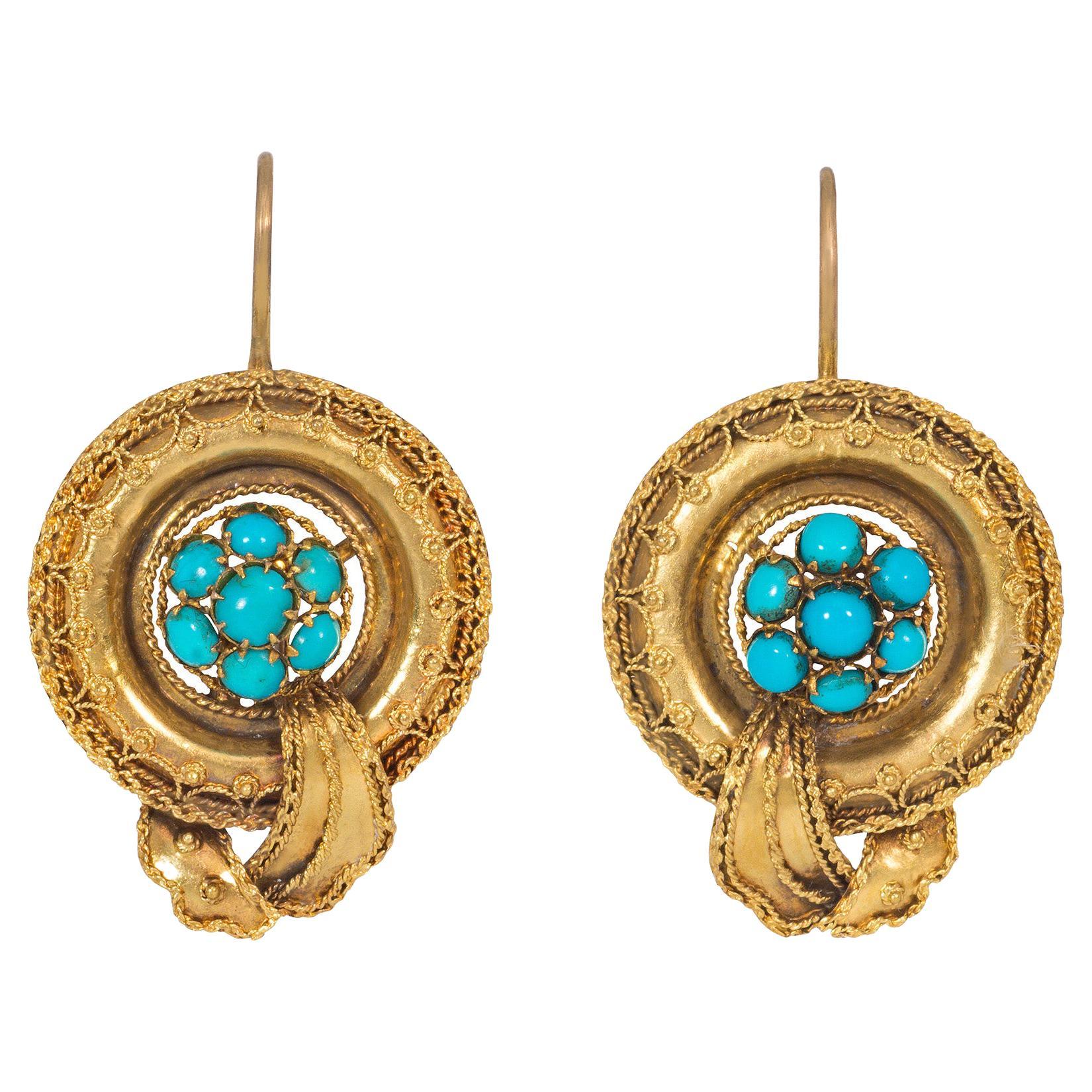 Victorian Gold and Turquoise Earrings with Applied Granulation and Wirework For Sale