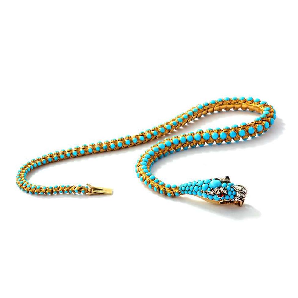 High Victorian Victorian Gold and Turquoise Serpent Necklace