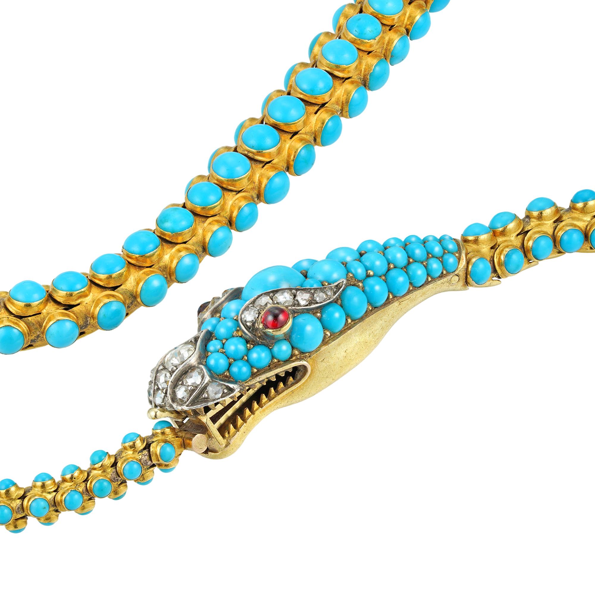 Round Cut Victorian Gold and Turquoise Serpent Necklace