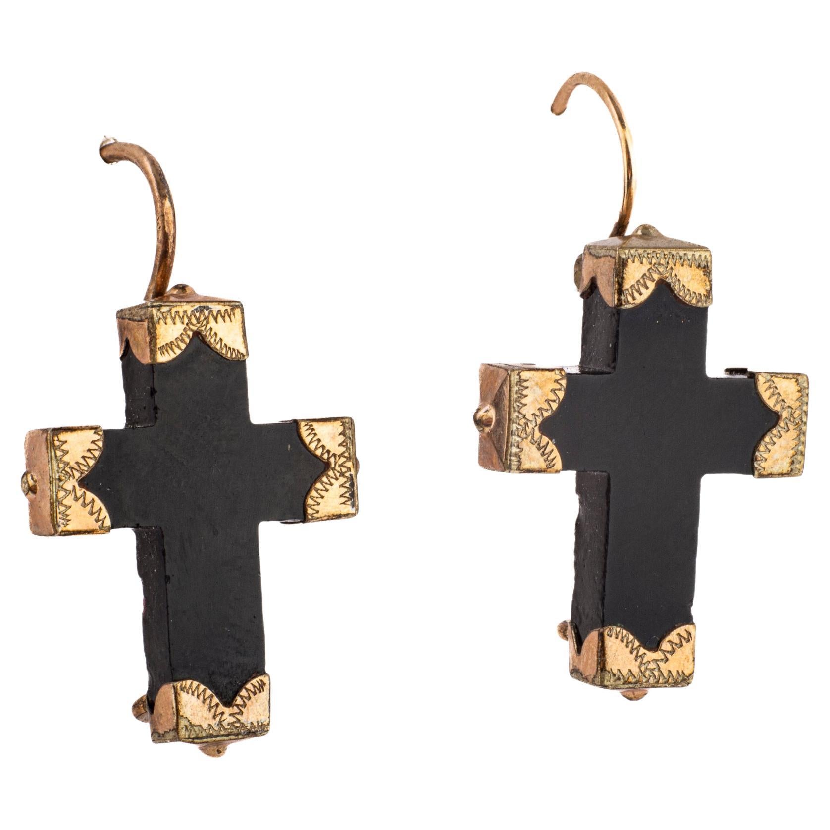 Victorian Gold and Whitby Jet Cross Earrings