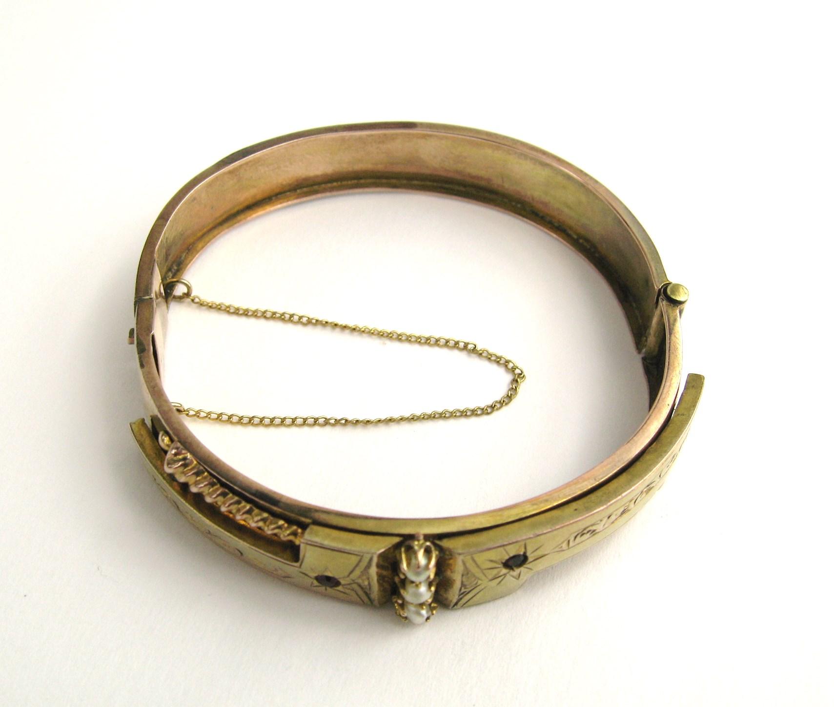 Women's Victorian Gold Bangle Bracelet Rose and Yellow Gold Seed Pearl