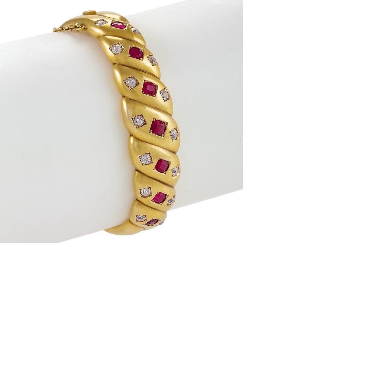 Late Victorian Victorian Gold Bangle Bracelet with Diamonds and Rubies