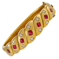 Antique Victorian Gold Bangle Bracelet with Diamonds and Rubies