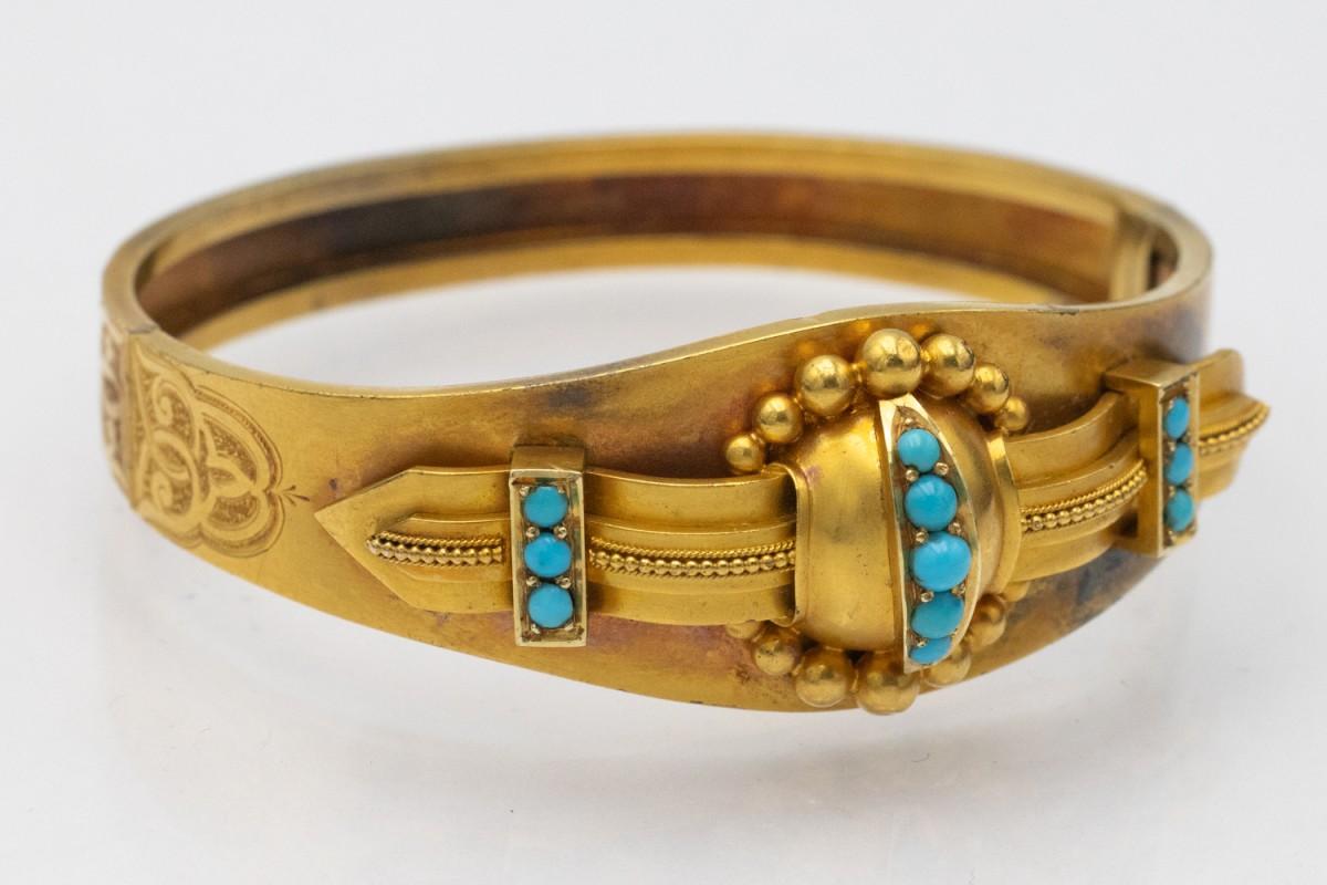 Victorian high carat gold bracelet with turquoises, Great Britain, 1850-1880. In Good Condition For Sale In Chorzów, PL