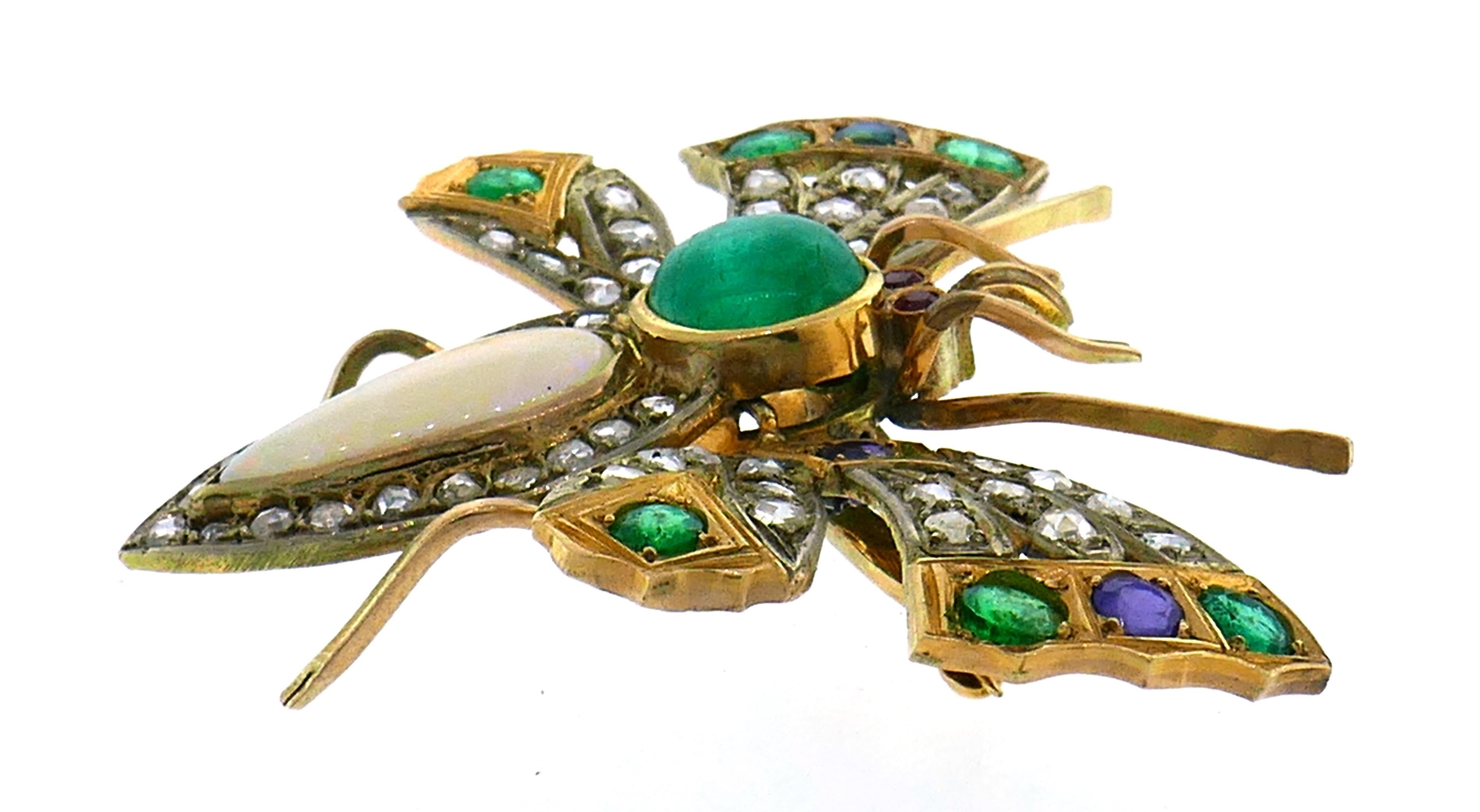 Victorian Gold Butterfly Pin Brooch Clip Diamond Opal Sapphire Emerald Ruby 1
