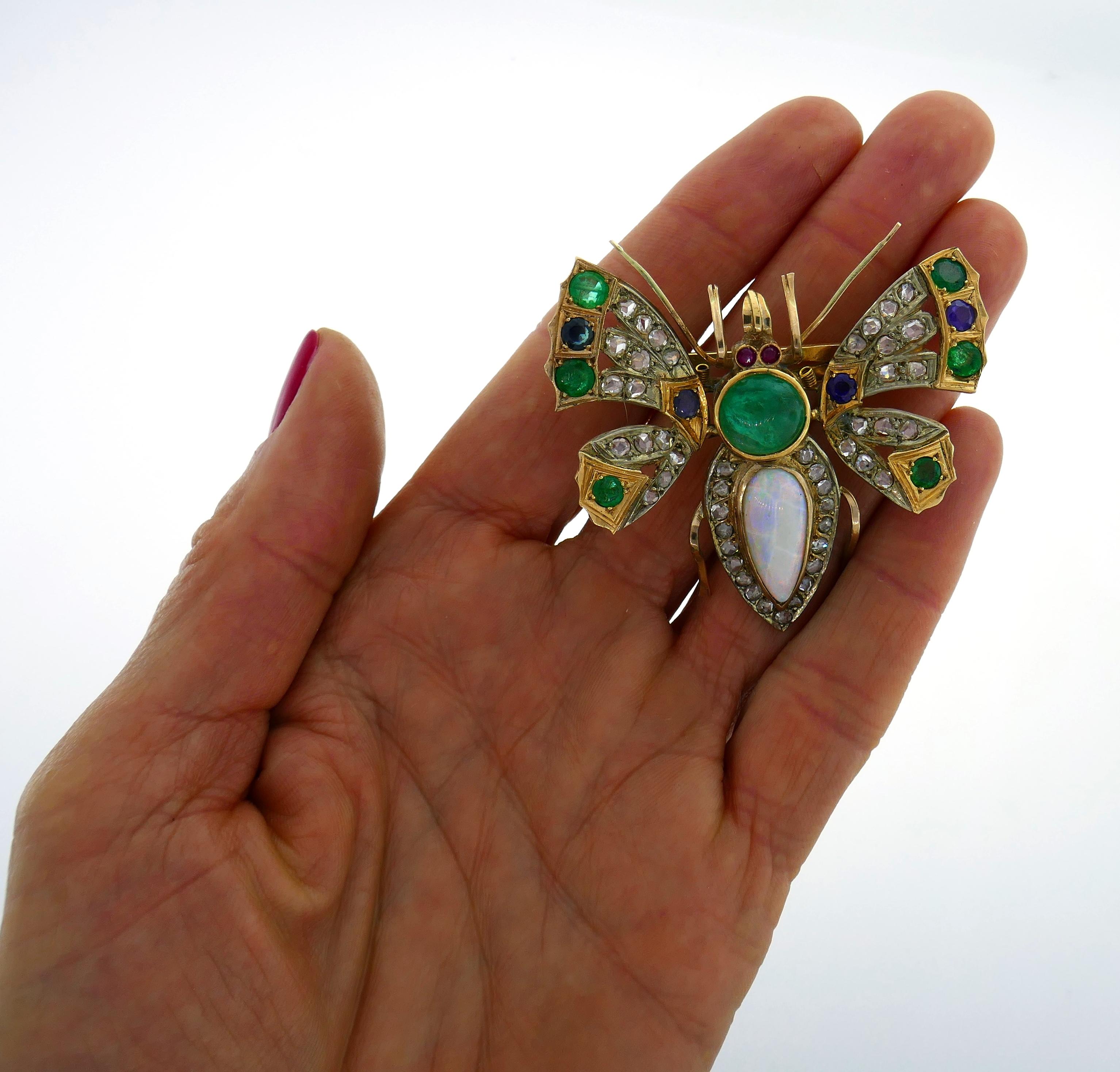 Victorian Gold Butterfly Pin Brooch Clip Diamond Opal Sapphire Emerald Ruby 2