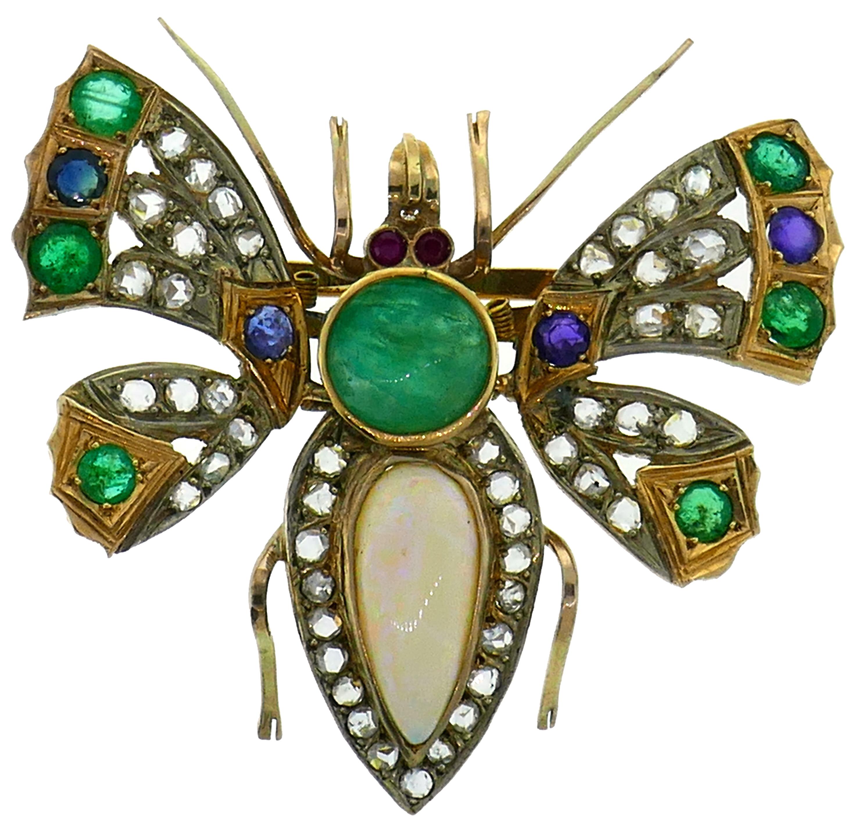Victorian Gold Butterfly Pin Brooch Clip Diamond Opal Sapphire Emerald Ruby