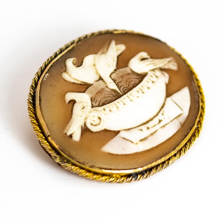 This gold cameo brooch is actually a piece of mourning jewellery but the doves do not represent sadness, they represent life, hope, renewal and peace. The beautifully carved shell is surrounded by rope twist detail and has a pin mounted on the