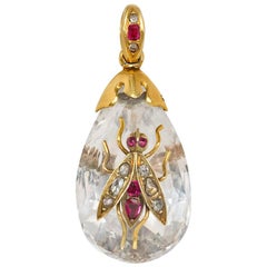 Victorian Gold Carved Crystal Pendant with Ruby and Diamond Insect and Bail