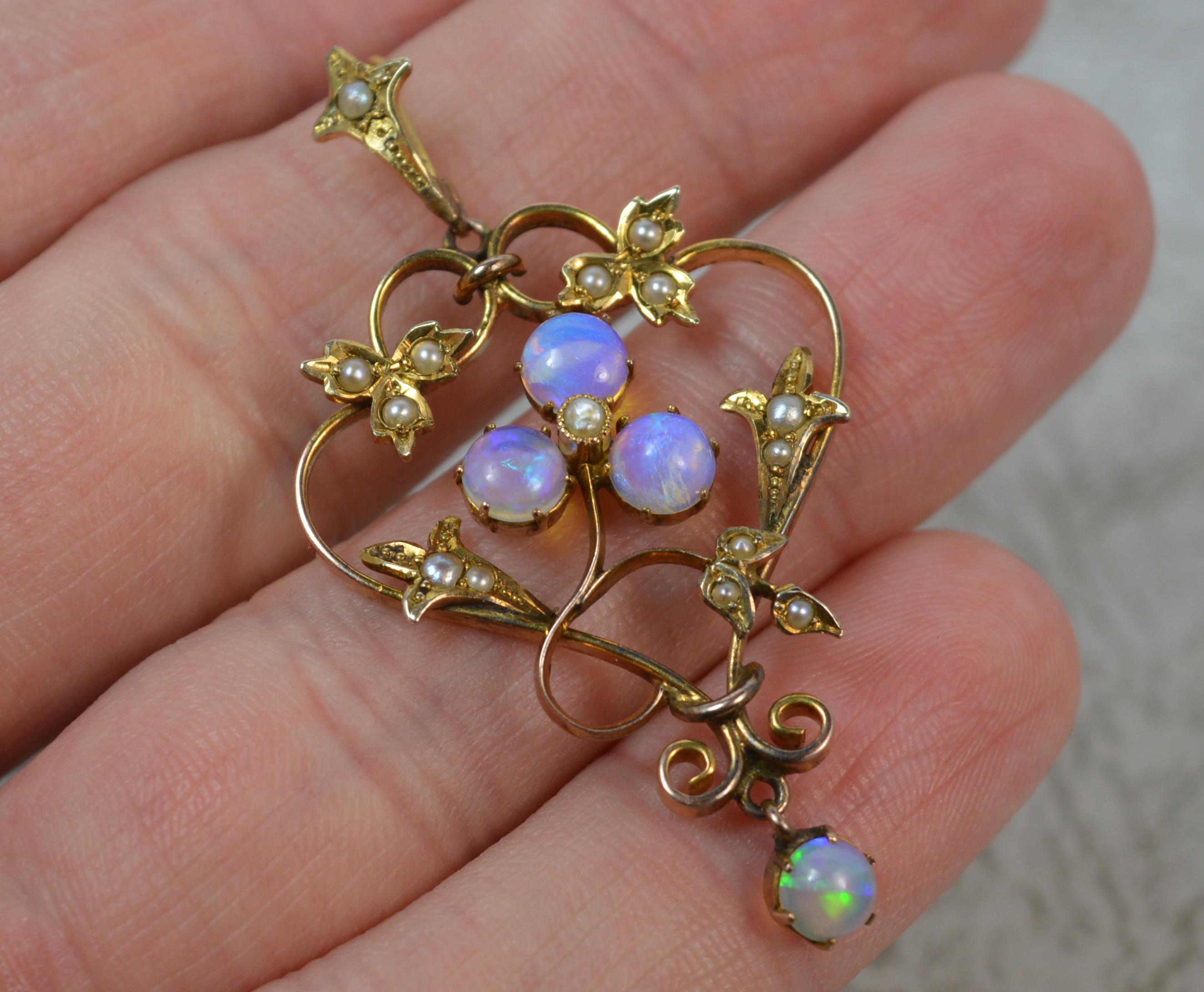 Edwardian Victorian Gold Colorful Opal and Seed Pearl Pendant