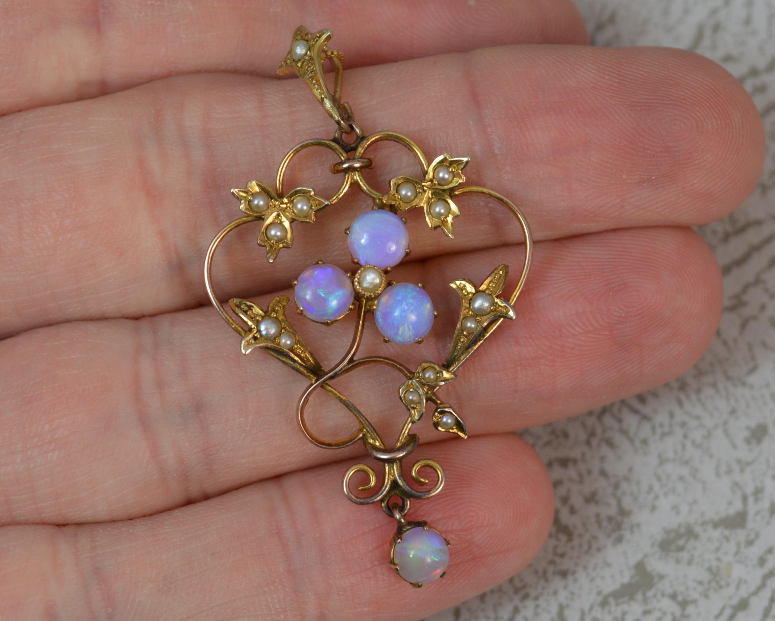 Cabochon Victorian Gold Colorful Opal and Seed Pearl Pendant
