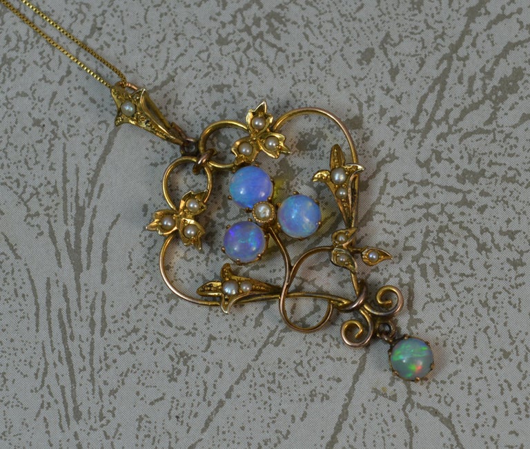 Victorian Gold Colorful Opal and Seed Pearl Pendant For Sale at 1stDibs