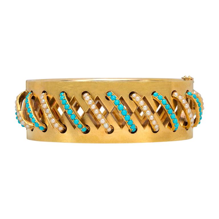 Victorian Gold Cut-Out Bangle Bracelet with Turquoise and Pearl Arches For Sale