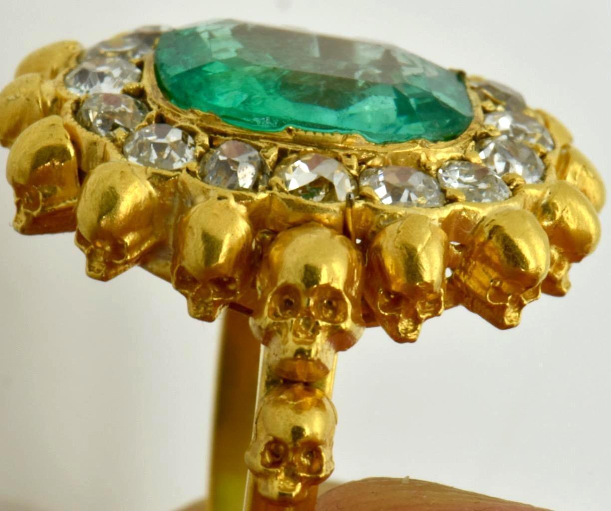 Women's Victorian Gold Diamond and Emerald Memento Mori Ring For Sale
