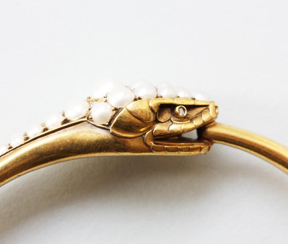 Victorian 18K Gold Diamond and Pearl Snake Bangle Bracelet, French; Ca1880