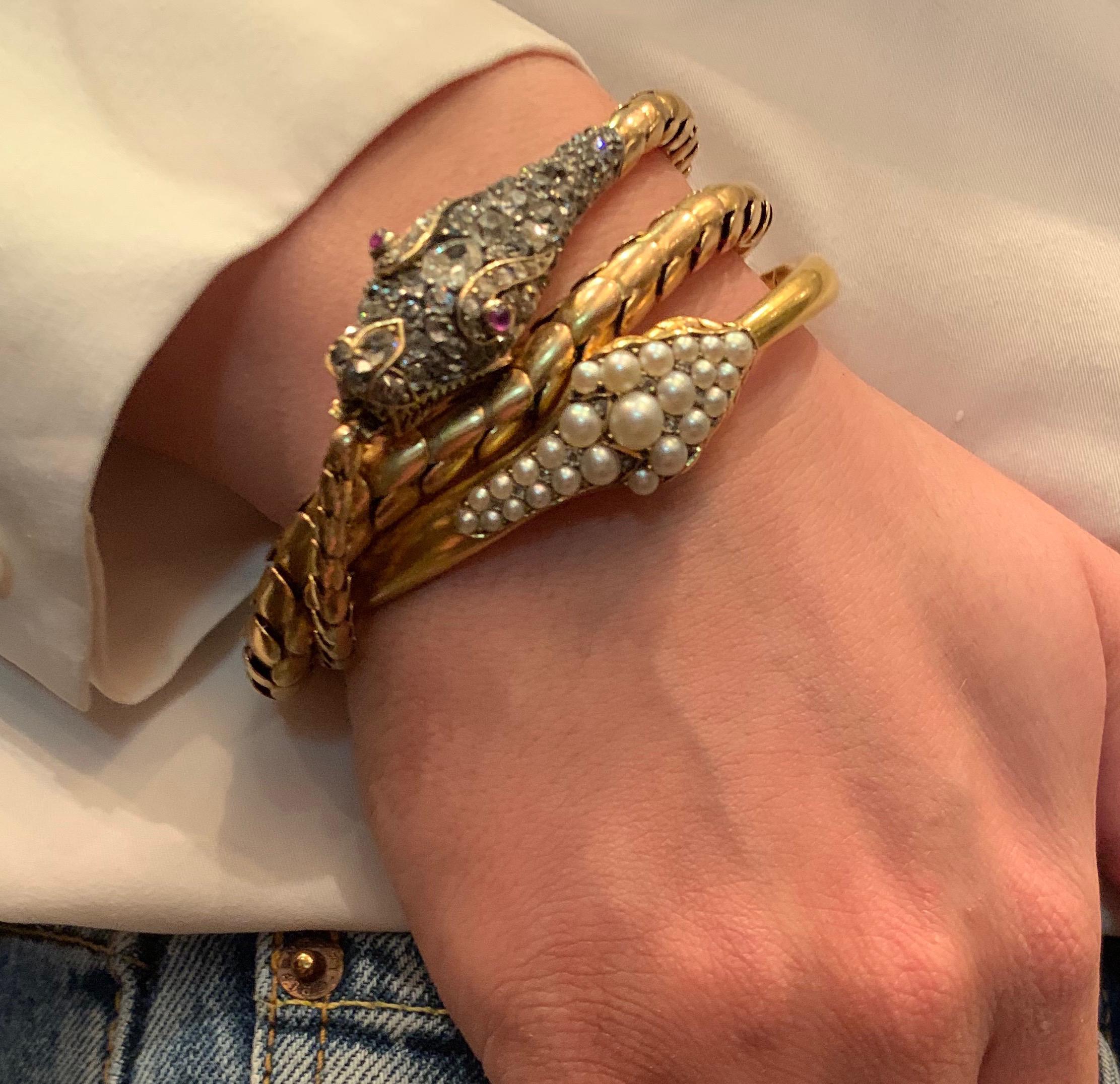 Victorian Diamond Gold and Pearl Snake Bangle Bracelet, Circa 1880 1