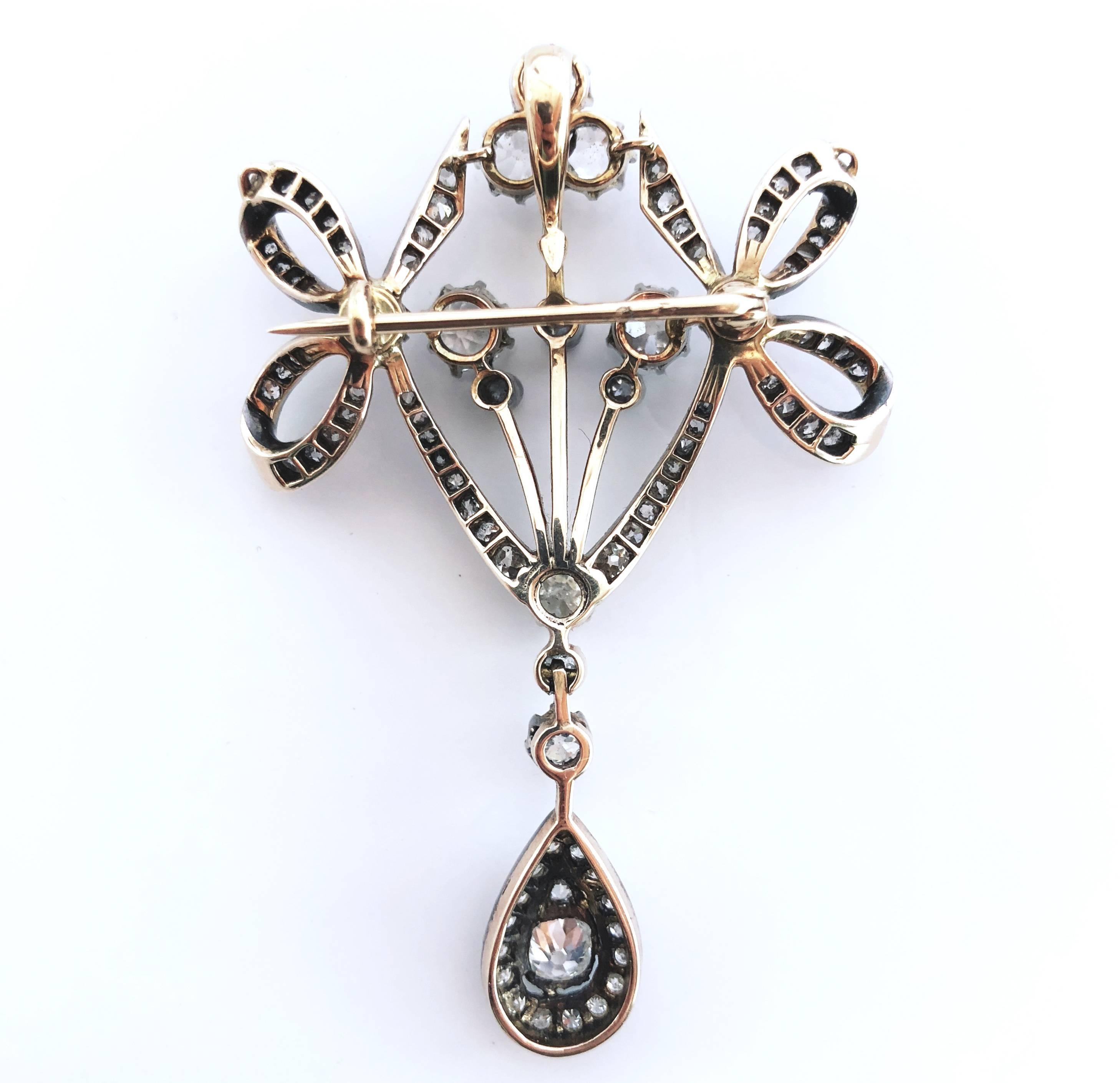 Old Mine Cut Victorian Gold Diamond Bow Brooch Pendant, 1880s For Sale