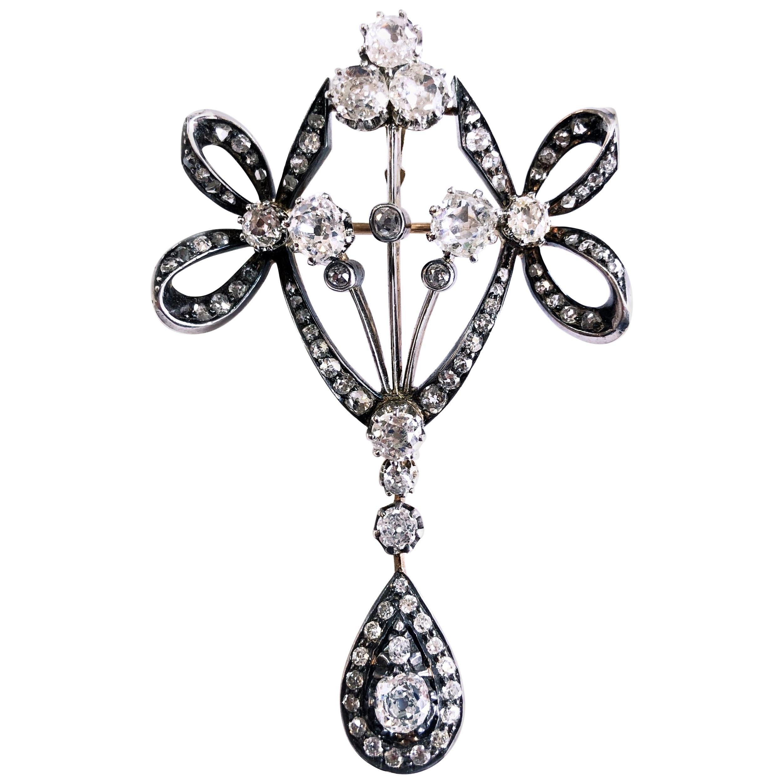 Victorian Gold Diamond Bow Brooch Pendant, 1880s