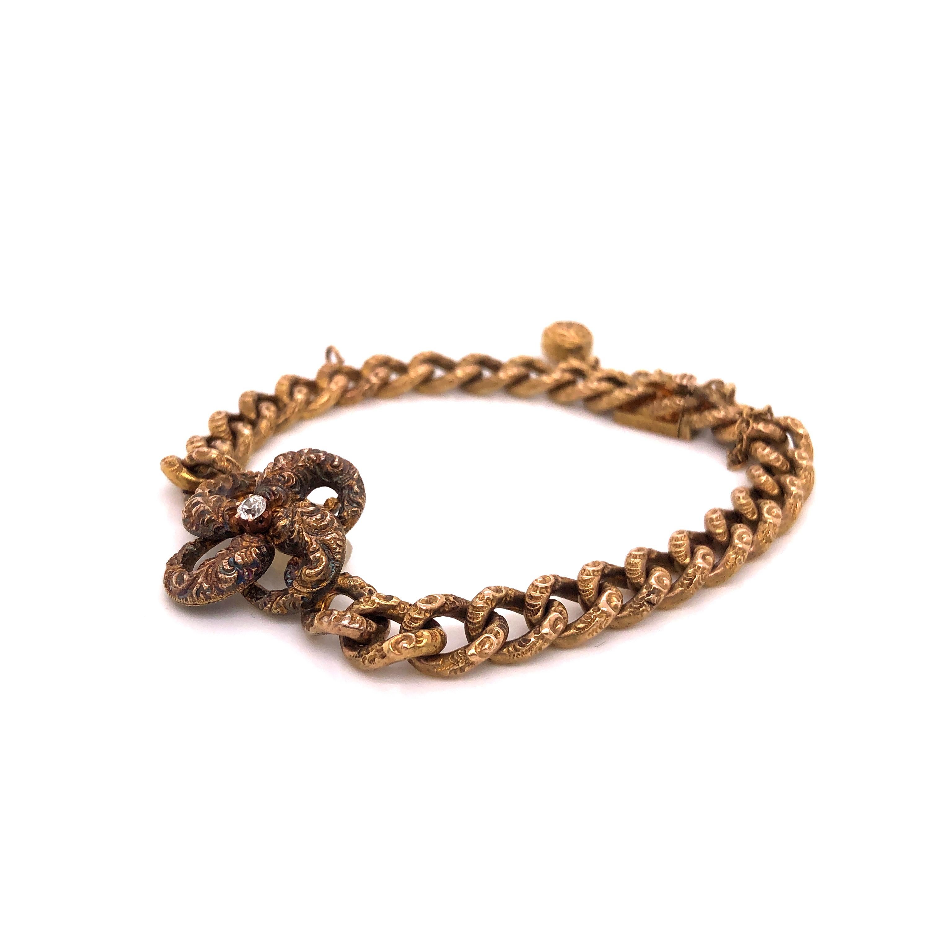 Amazing design on this Victorian bracelet. The bracelet is crafted from 14k yellow gold and details are endless. The curved link design flows perfectly in this light weight design. The links on the bracelet are etched showing gorgoues pattern
