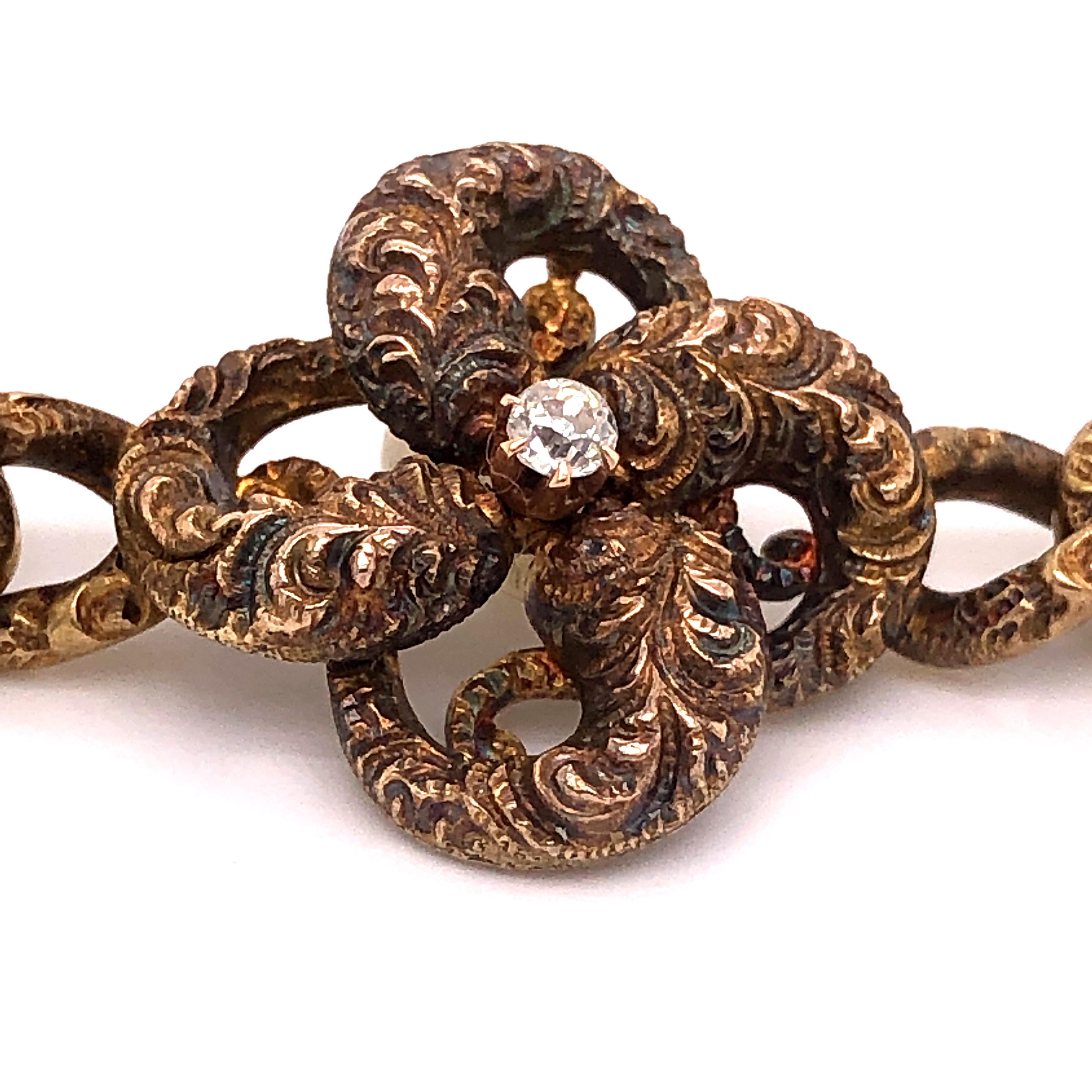Victorian Gold and Diamond Bracelet Curved Link Etched Detail, 1895 In Good Condition For Sale In MIAMI, FL