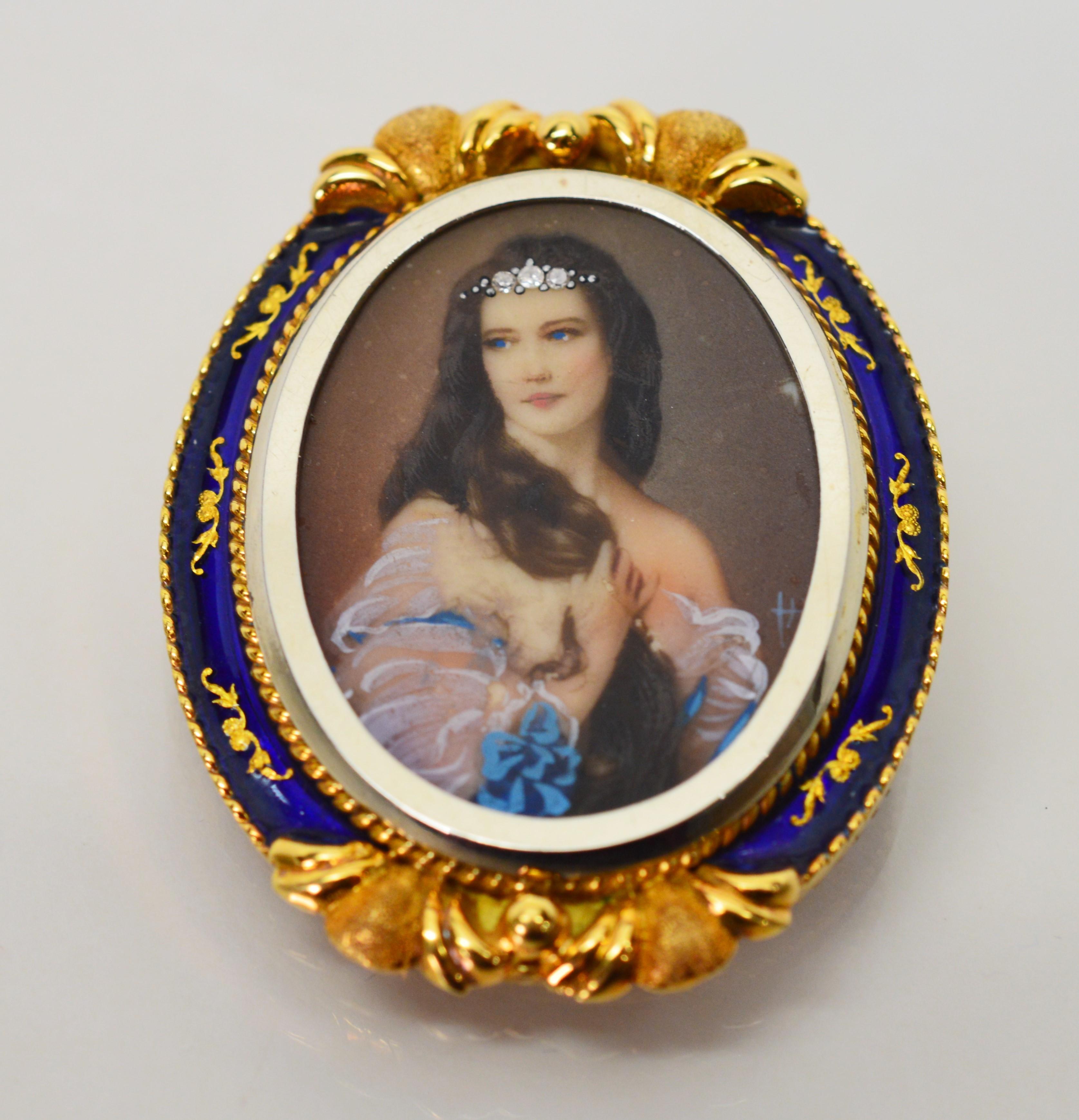 Women's Victorian Gold Diamond Portrait Pin Brooch Pendant