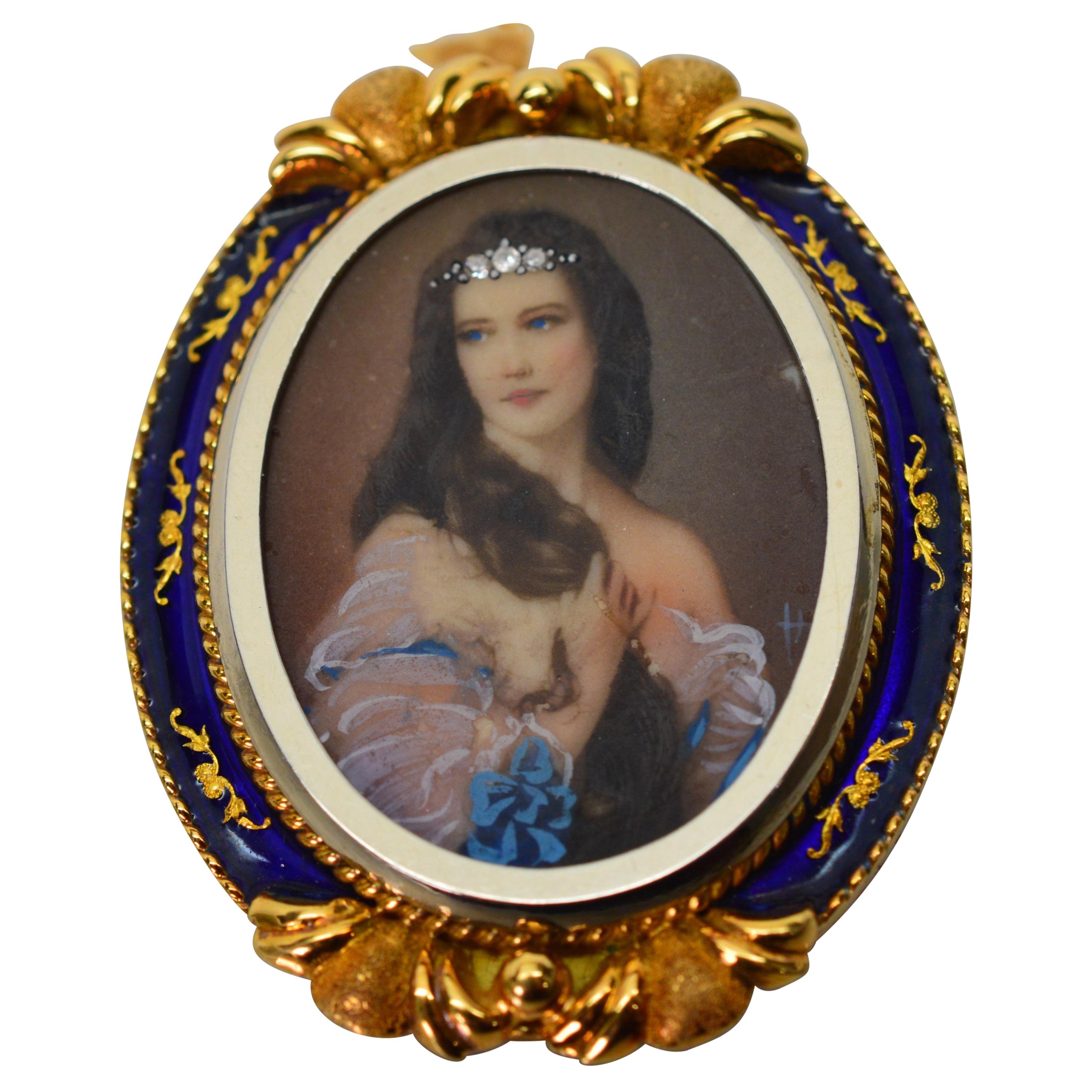 Victorian Gold Diamond Portrait Pin Brooch Pendant