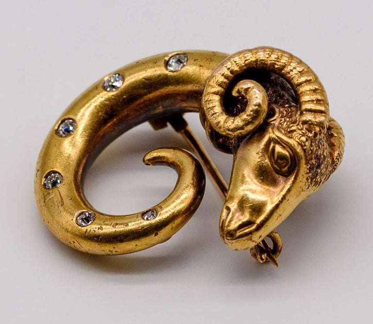 Victorian Gold Diamond Ram's Head Pin at 1stDibs