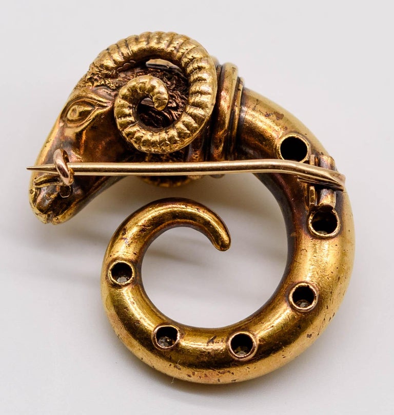Victorian Gold Diamond Ram's Head Pin at 1stDibs