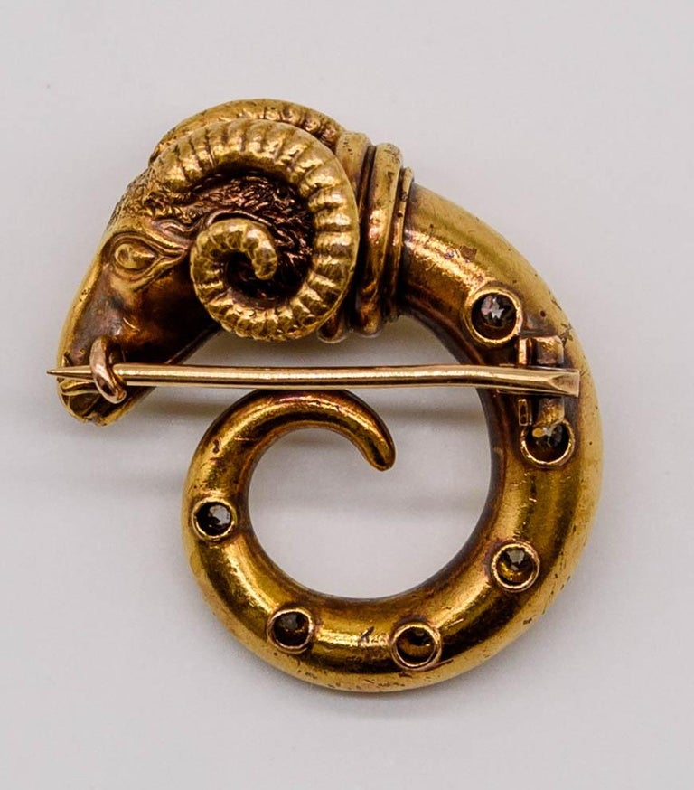 Victorian Gold Diamond Ram's Head Pin at 1stDibs