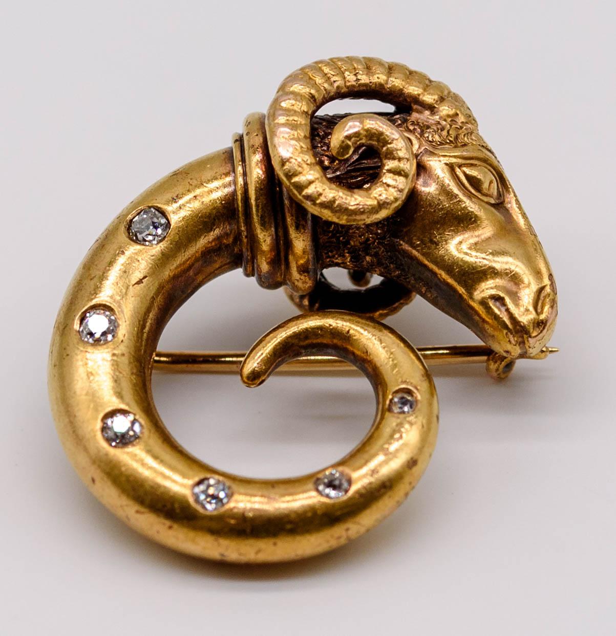 Women's or Men's Victorian Gold Diamond Ram's Head Pin
