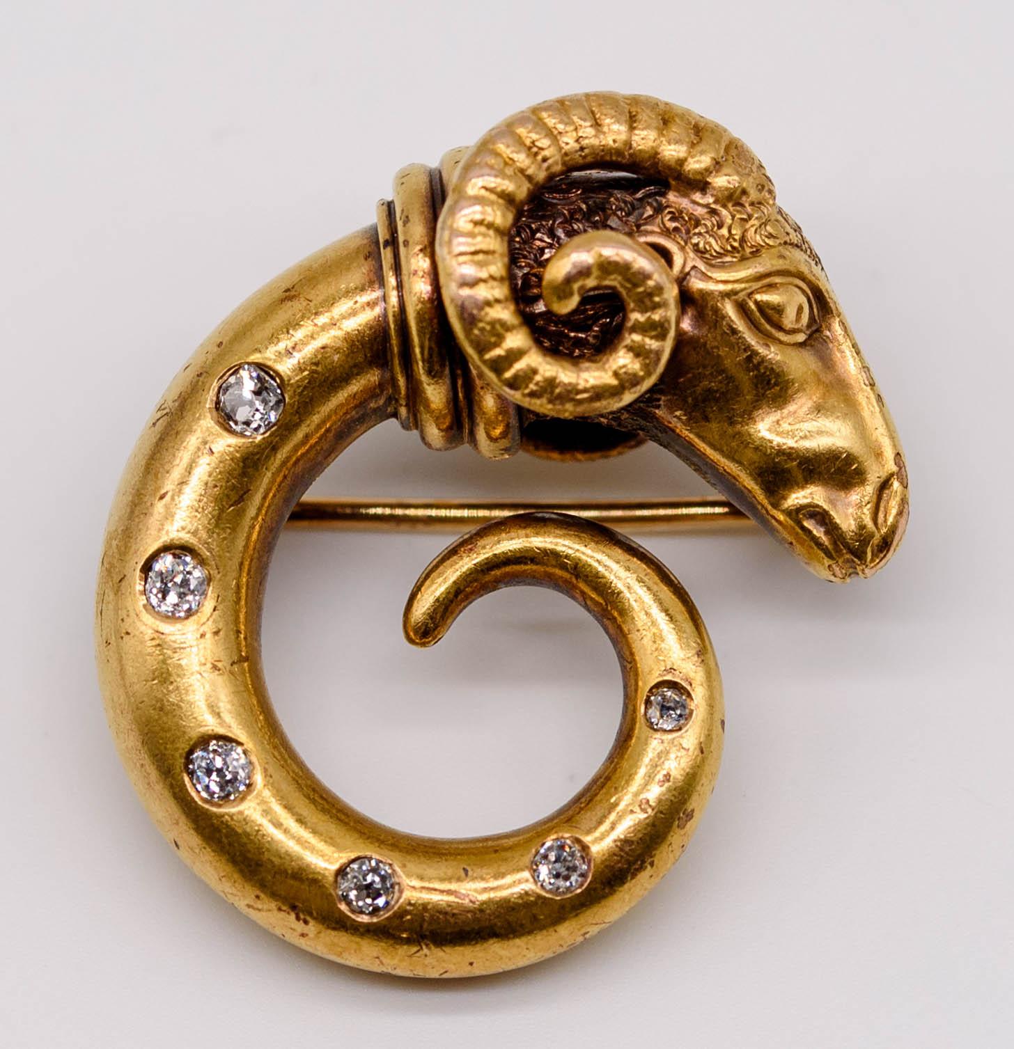 Victorian Gold Diamond Ram's Head Pin 1