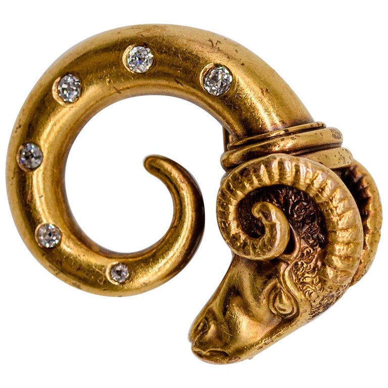 Victorian Gold Diamond Ram's Head Pin at 1stDibs