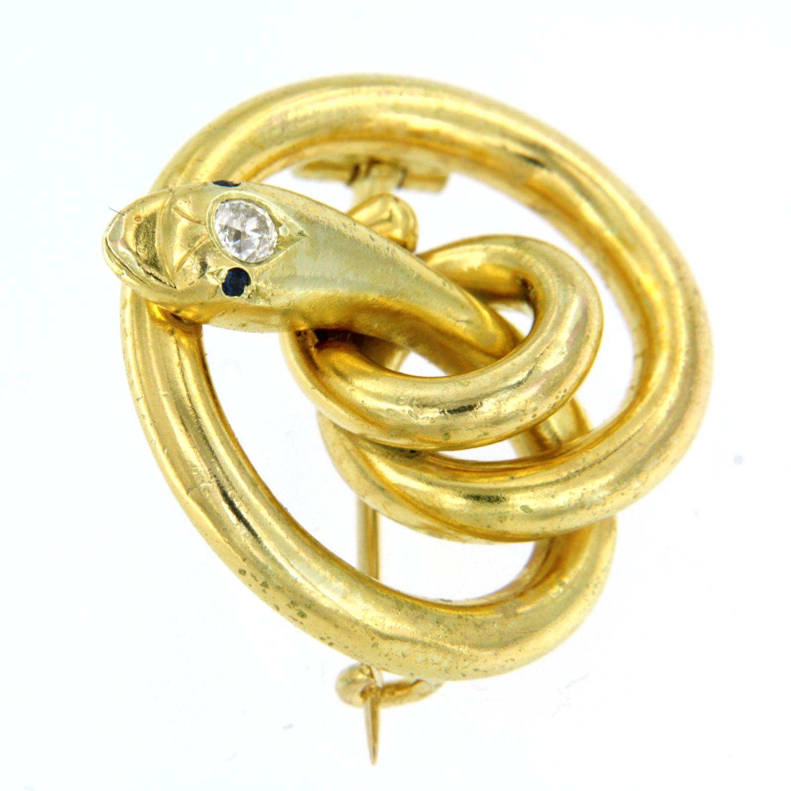 Early Victorian Victorian Gold Diamond Sapphire Snake Brooch 14k yellow gold For Sale