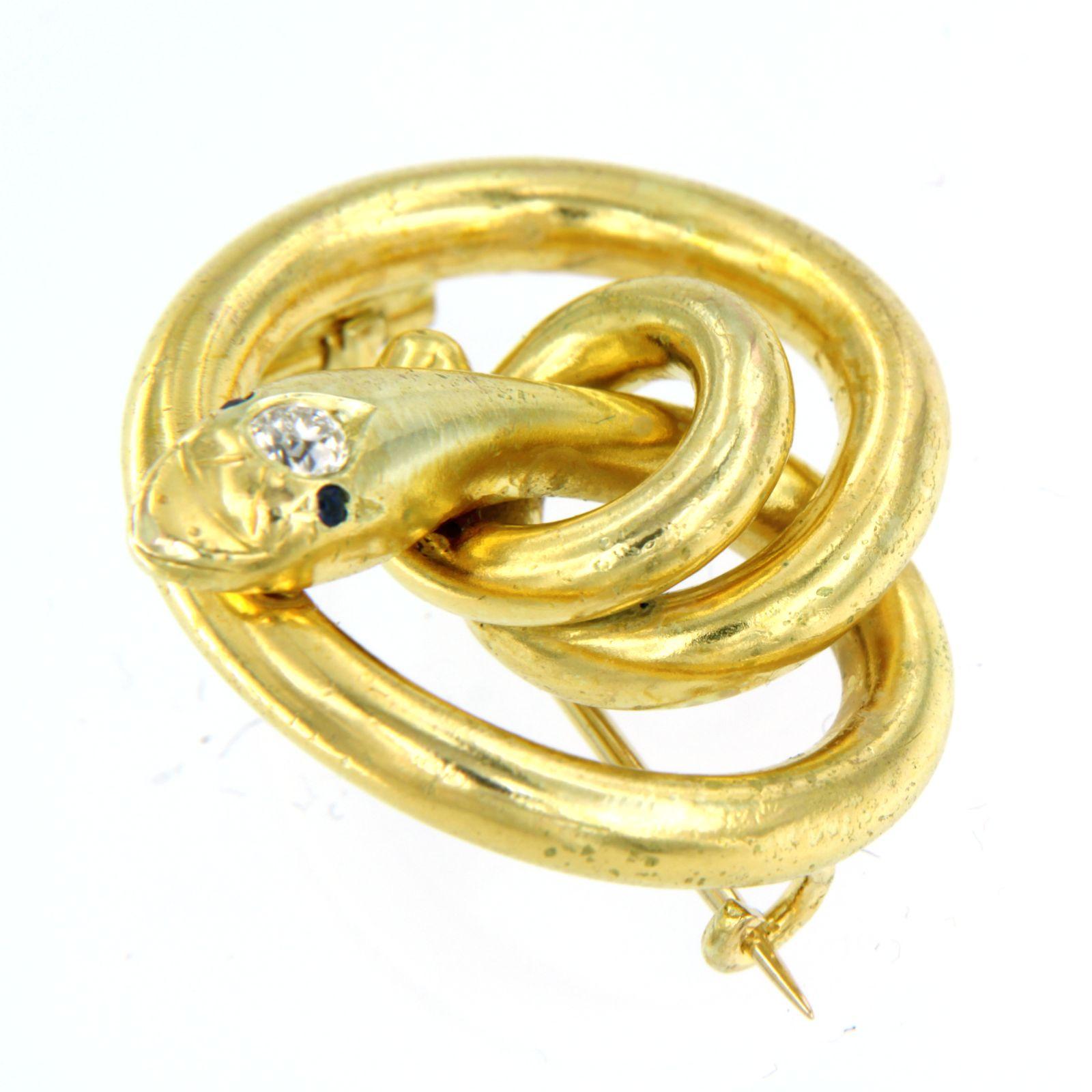 Old Mine Cut Victorian Gold Diamond Sapphire Snake Brooch 14k yellow gold For Sale