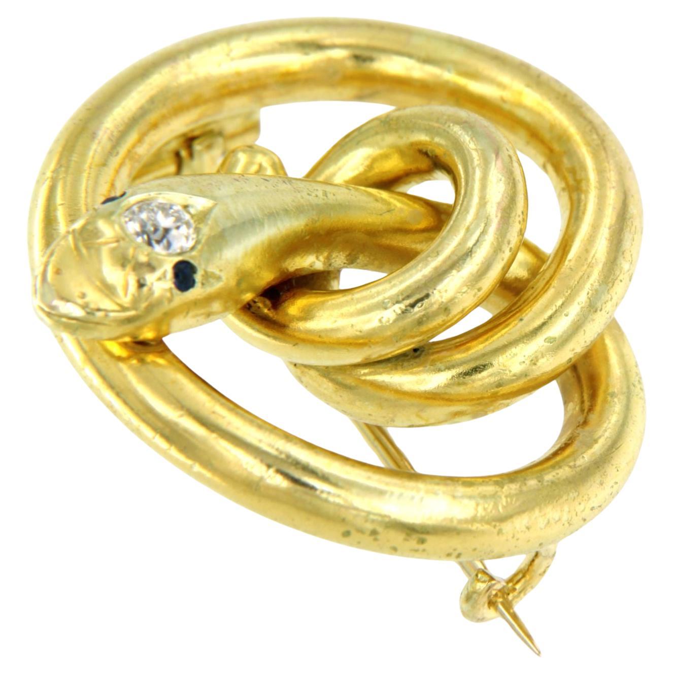 Viktorianische Schlangenbrosche aus 14 Karat Gelbgold mit Gold, Diamanten und Saphiren