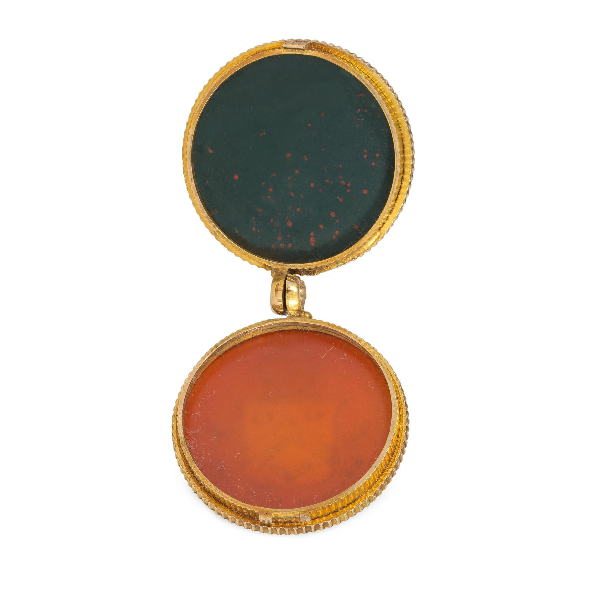 Victorian Gold Double Sided Locket Pendant with Bloodstone and Carved Carnelian In Good Condition For Sale In New York, NY