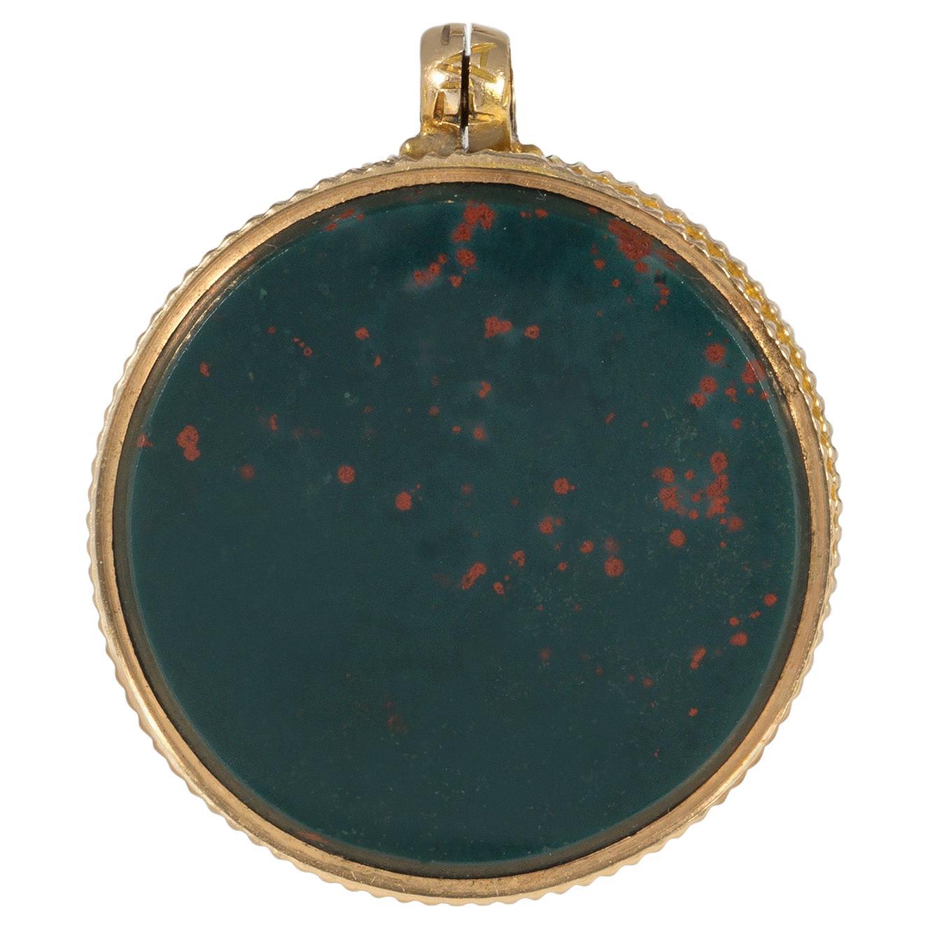 Victorian Gold Double Sided Locket Pendant with Bloodstone and Carved Carnelian For Sale