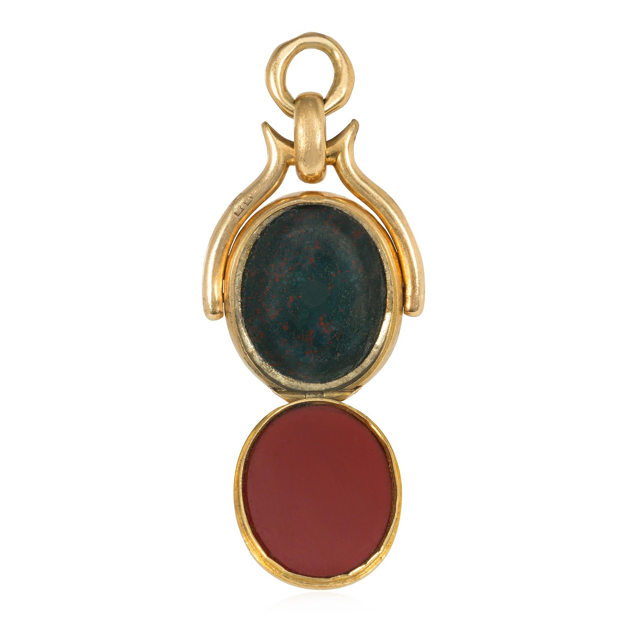 Oval Cut Victorian Gold Double-Sided Swivel Locket Pendant with Jasper and Bloodstone For Sale