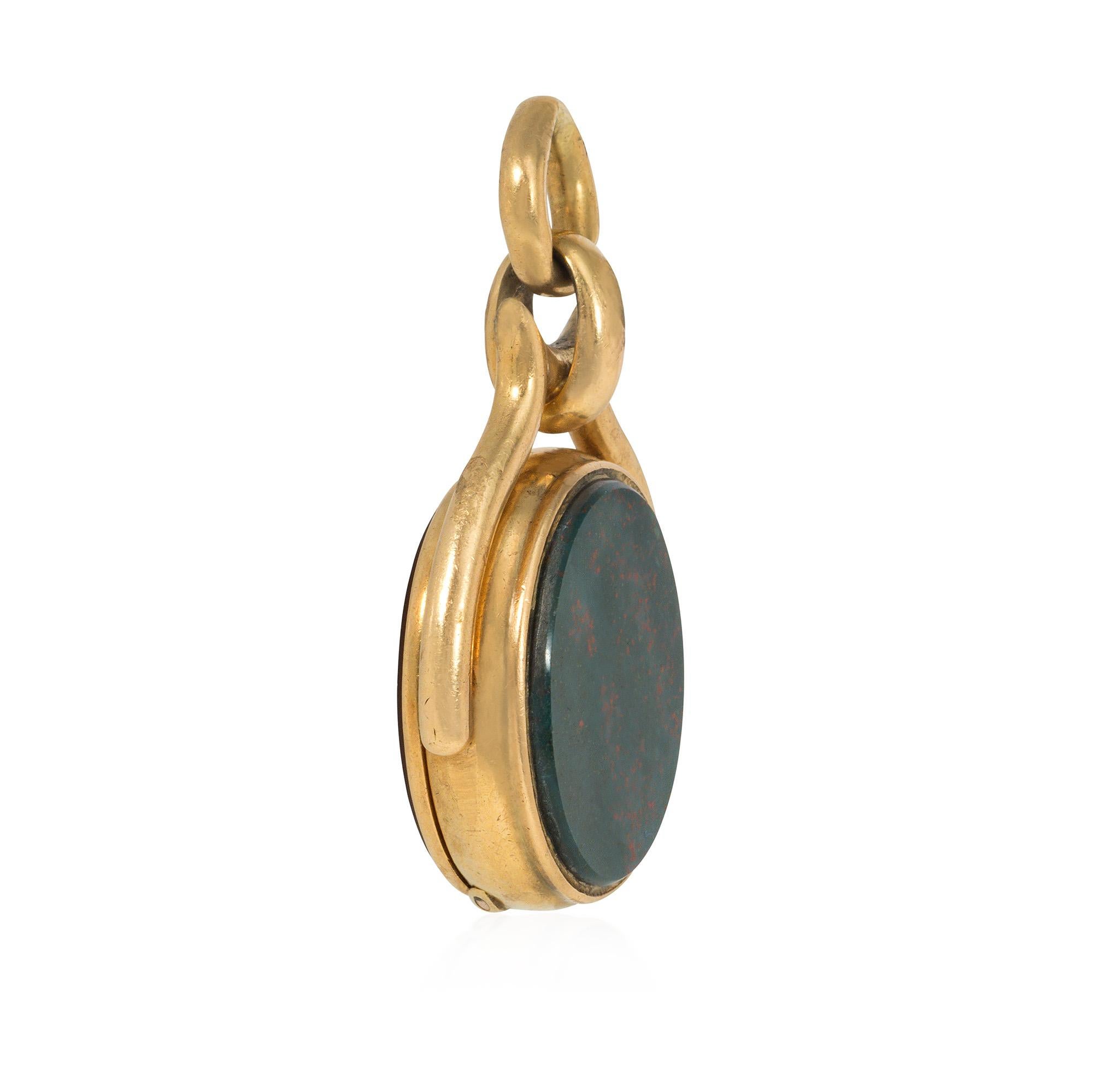 Victorian Gold Double-Sided Swivel Locket Pendant with Jasper and Bloodstone In Good Condition For Sale In New York, NY