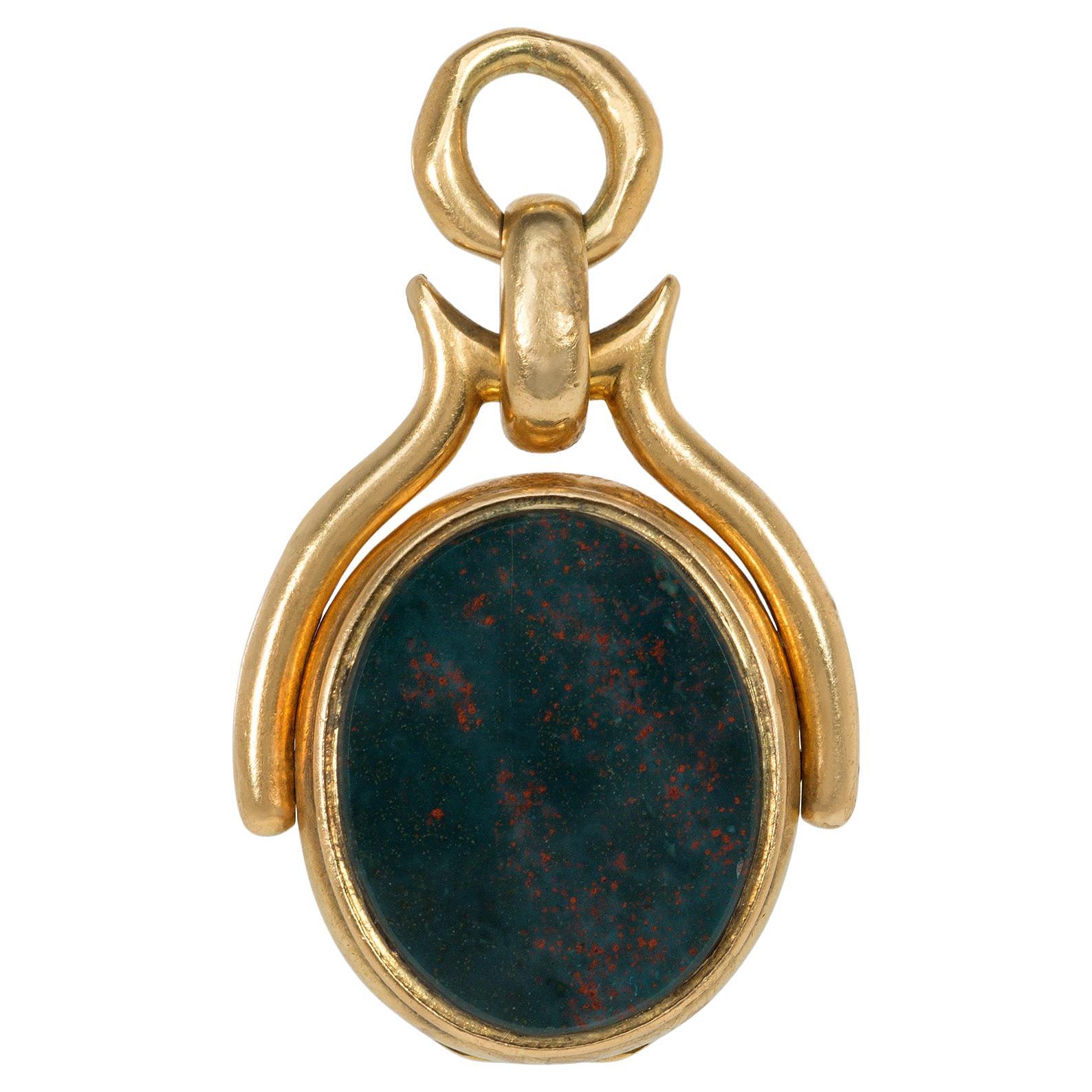 Victorian Gold Double-Sided Swivel Locket Pendant with Jasper and Bloodstone For Sale