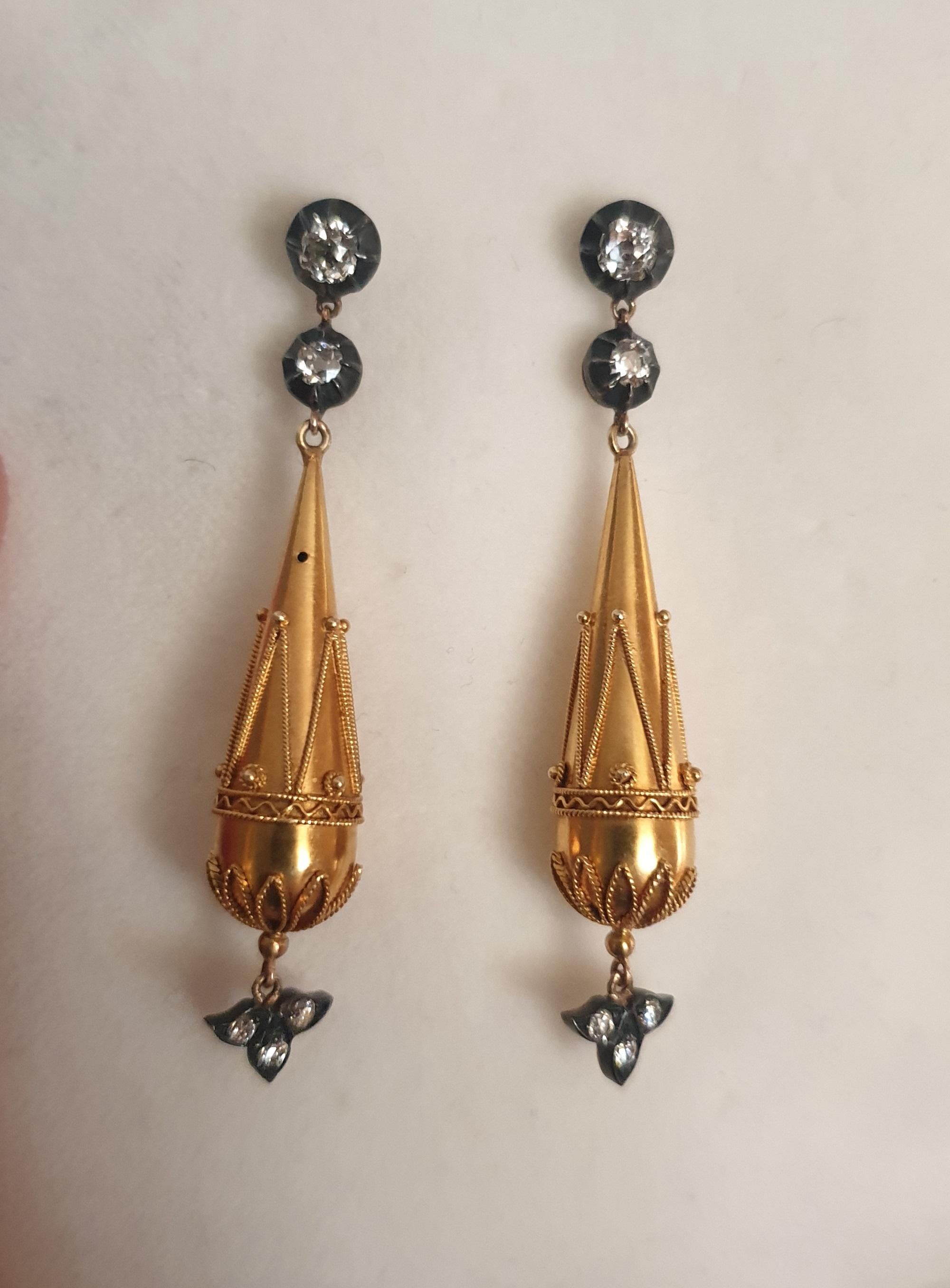 Old European Cut Victorian Old Cut Diamond Gold Dangle Earrings For Sale